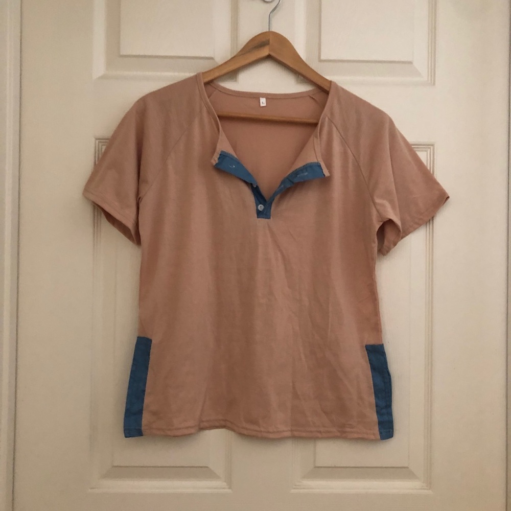 Tan tshirt with chambray detail slit side